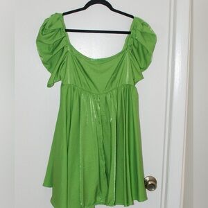 Green satin puff sleeve dress